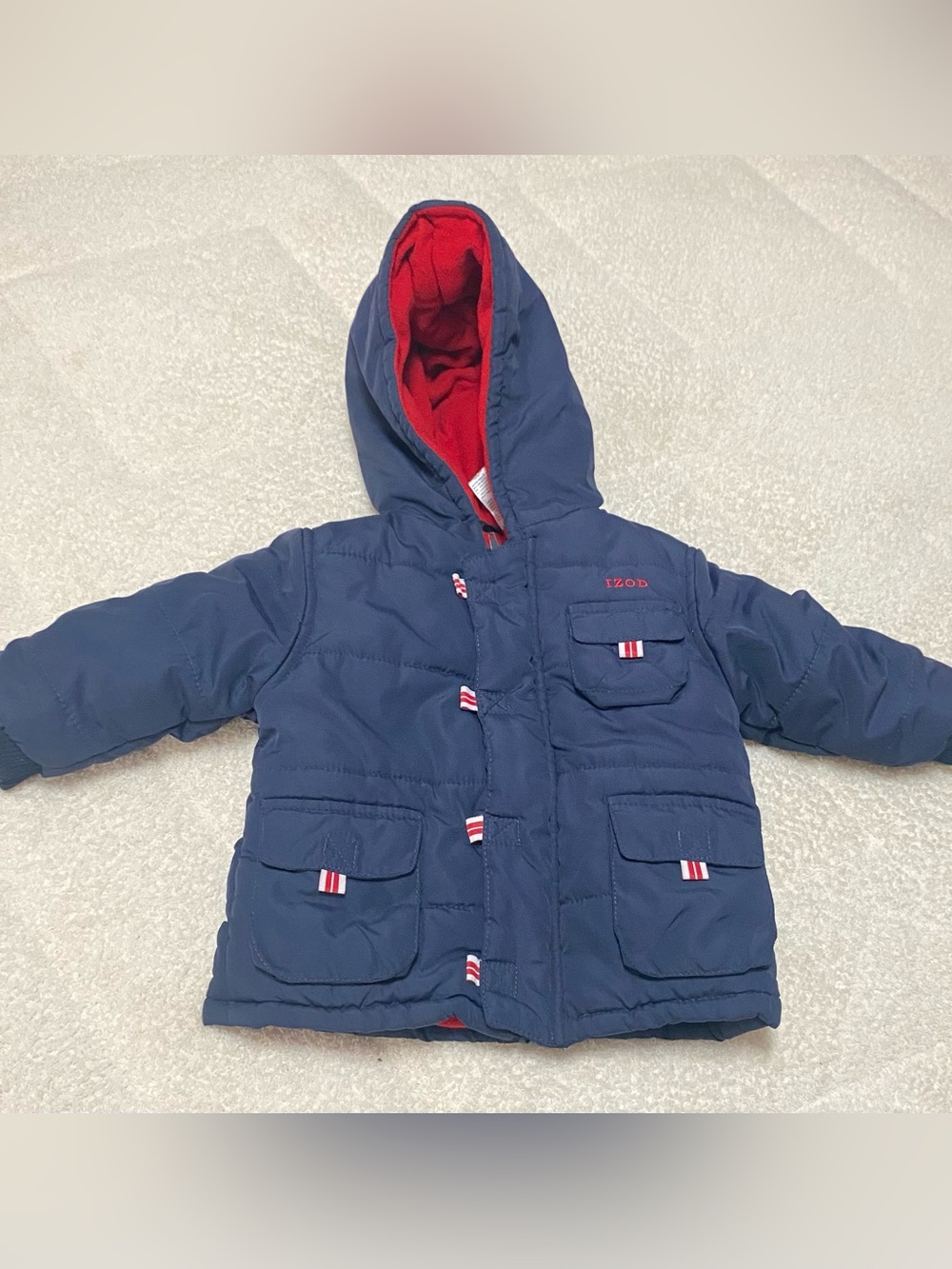 Vintage zipper Izod Navy Jacket with Bright Red Hood Lining 18m baby